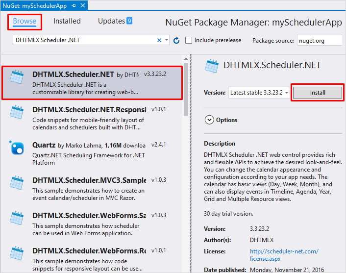 NuGet DHTMLX.Scheduler.NET package